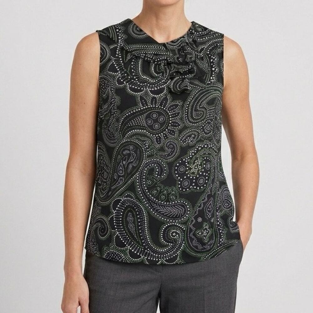 Talbots Women’s XL Sleeveless Blouse Navy Blue Green‎ Paisley Bow Neck Shell Top